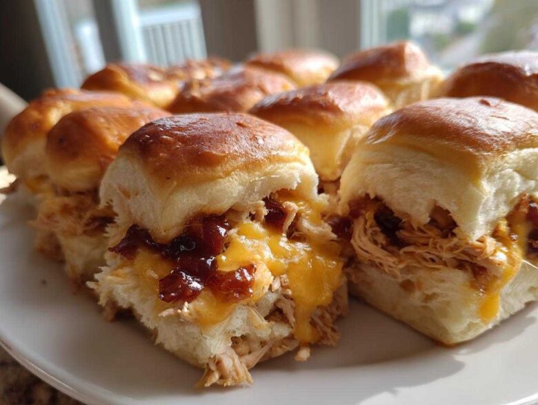 A plate of freshly baked bbq chicken sliders showing shredded chicken, melted cheddar cheese, and BBQ sauce on soft rolls.