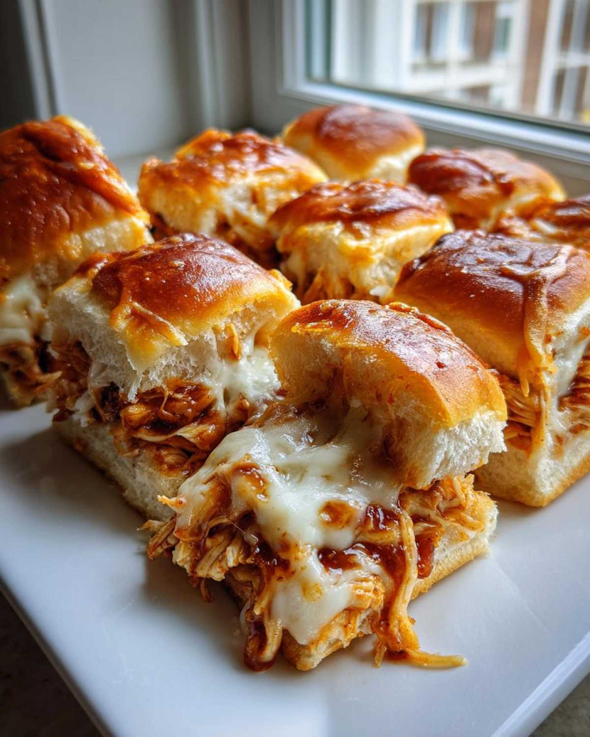 Close-up of baked bbq chicken sliders with gooey melted cheese oozing out of the pulled chicken filling.