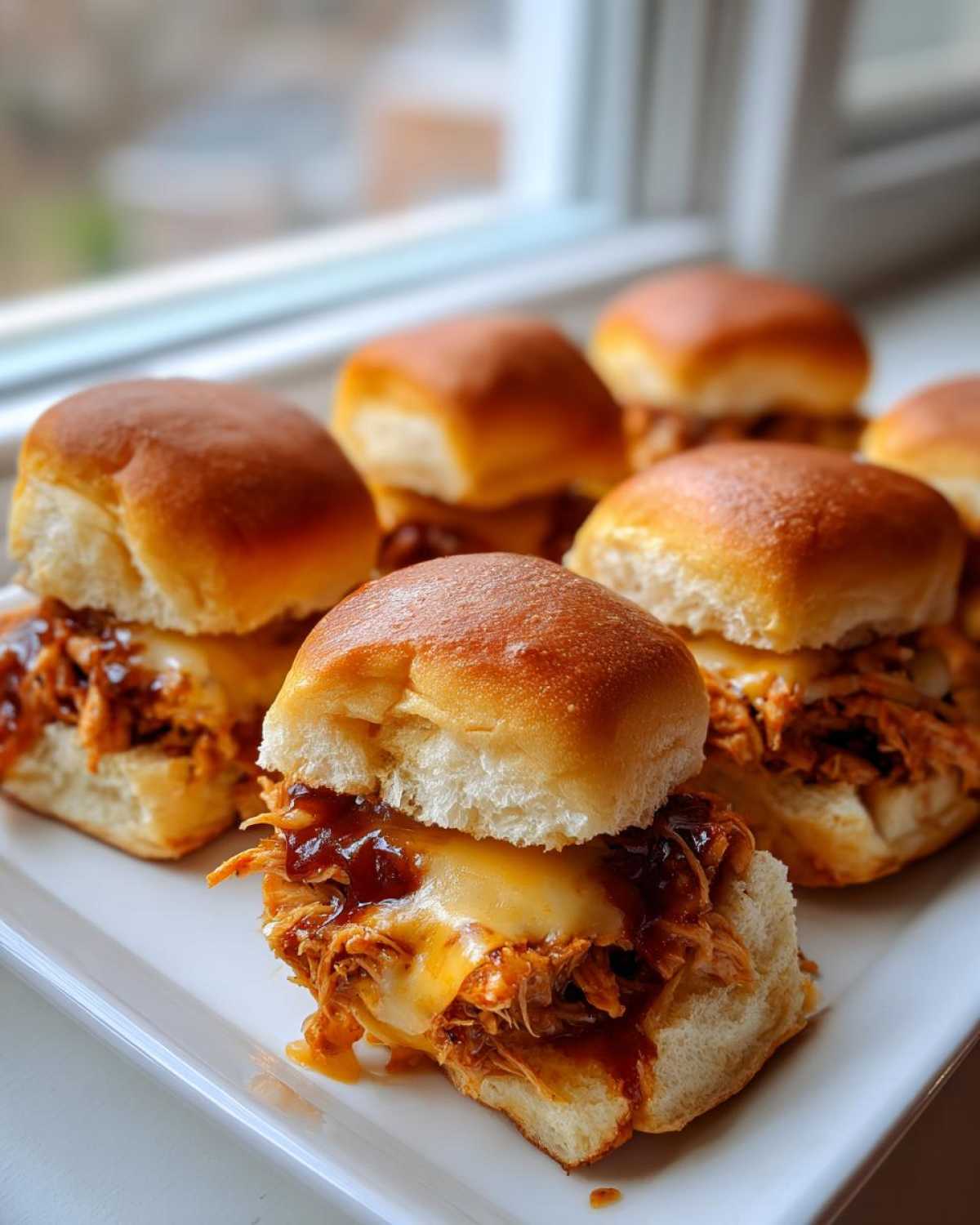 Close-up of several baked bbq chicken sliders with melted cheese and dripping sauce on a white platter.