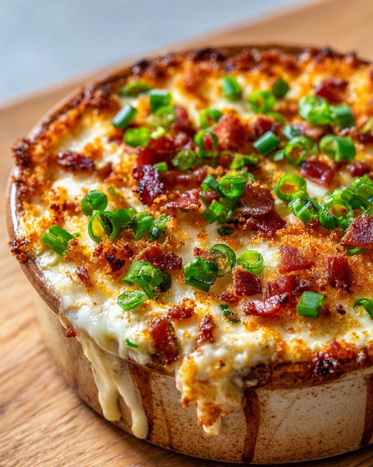 Close-up of a hot, baked Jalapeño popper dip topped with crispy bacon bits and fresh green onions.