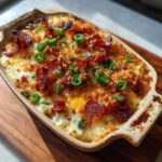 Close-up of hot, baked Jalapeño popper dip topped with crispy bacon, breadcrumbs, and sliced green jalapeños.