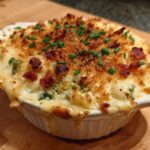 Close-up of a hot, cheesy Jalapeño popper dip topped with crispy bacon bits and chives.