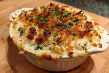Close-up of a hot, cheesy Jalapeño popper dip topped with crispy bacon bits and chives.