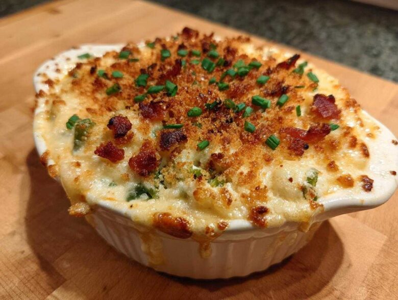 Close-up of a hot, cheesy Jalapeño popper dip topped with crispy bacon bits and chives.