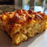 A close-up of a square slice of baked mac and cheese showing creamy interior and a deeply browned, crispy cheese topping.