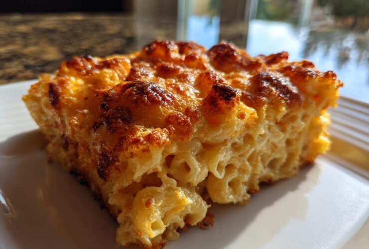 A close-up of a square slice of baked mac and cheese showing creamy interior and a deeply browned, crispy cheese topping.