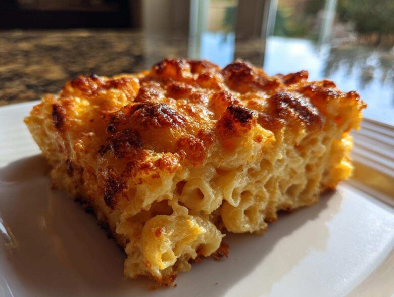 A close-up of a square slice of baked mac and cheese showing creamy interior and a deeply browned, crispy cheese topping.