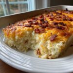 A scoop of creamy baked potato casserole topped with melted cheddar cheese and crispy bacon bits, served on a white plate.