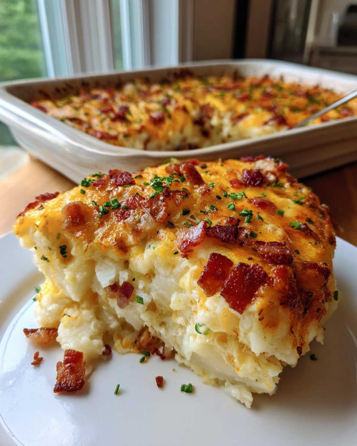 A close-up serving of creamy baked potato casserole topped with melted cheese, crispy bacon, and chives.