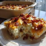 A generous serving of baked potato casserole topped with melted cheese and crispy bacon bits on a white plate.