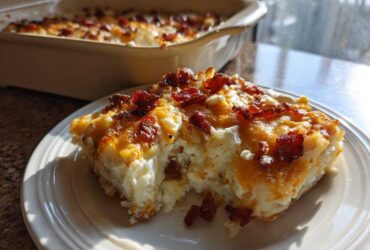 A generous serving of baked potato casserole topped with melted cheese and crispy bacon bits on a white plate.