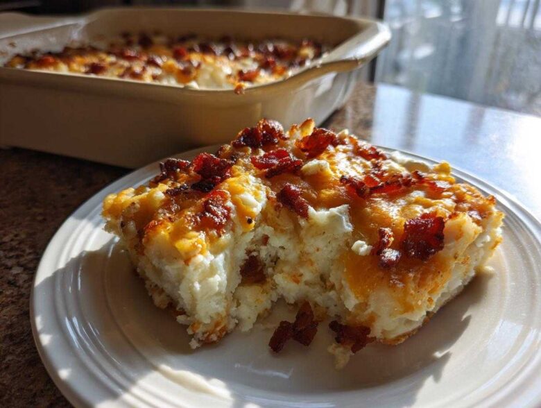 A generous serving of baked potato casserole topped with melted cheese and crispy bacon bits on a white plate.