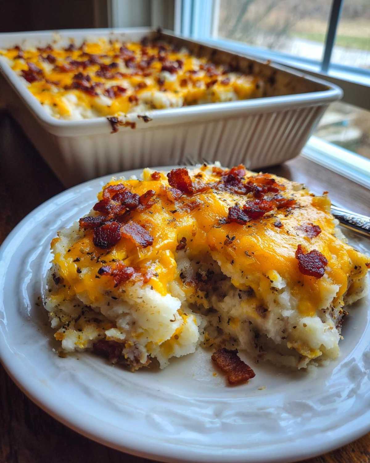 A hearty serving of baked potato casserole topped with melted cheddar cheese and crispy bacon bits on a white plate.