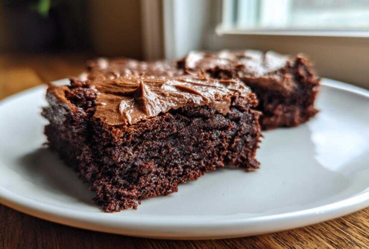 Close-up of two fudgy banana bread brownies topped with thick chocolate frosting on a white plate.