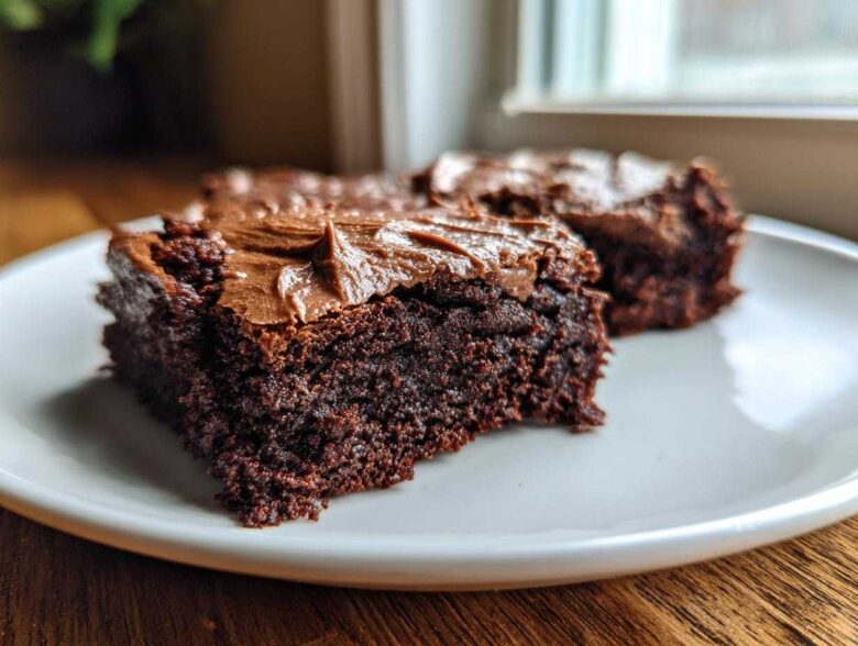 Close-up of two fudgy banana bread brownies topped with thick chocolate frosting on a white plate.