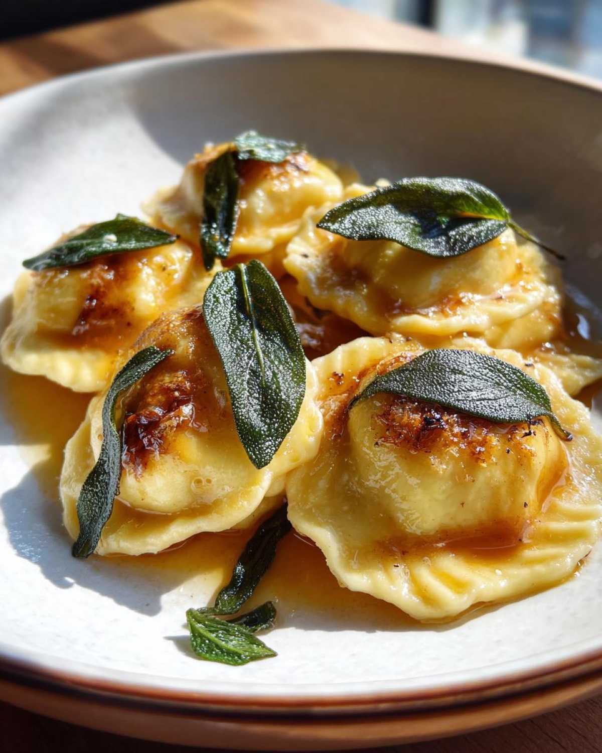 Close-up of four plump beef short rib ravioli served in a light sauce, topped with crispy sage leaves.