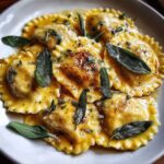 Close-up of plated beef short rib ravioli tossed in a rich brown butter sauce and garnished with fresh sage leaves.