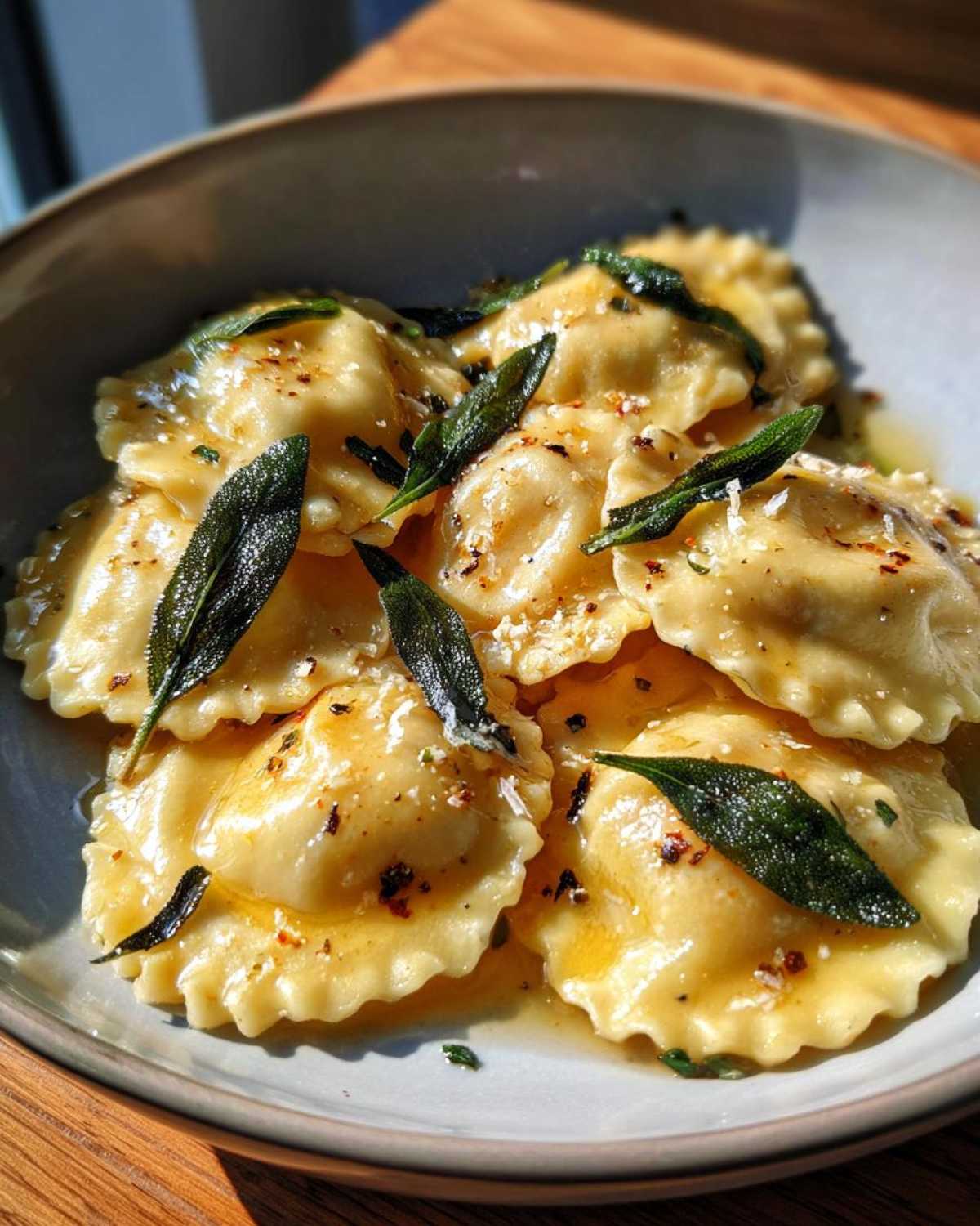 Close-up of golden beef short rib ravioli tossed in a rich butter sauce, topped with crispy sage leaves and Parmesan.