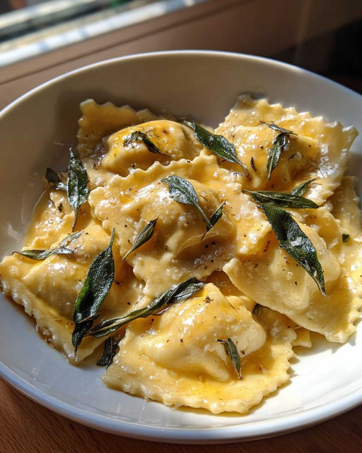 Close-up of freshly made beef short rib ravioli tossed in a rich brown butter sauce and topped with crispy sage leaves.