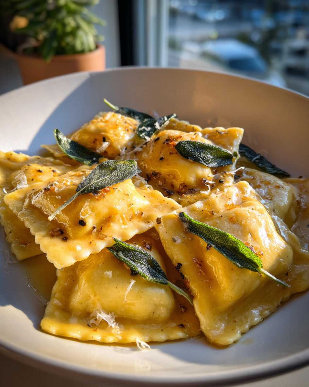 A close-up of glistening beef short rib ravioli tossed in brown butter sauce and topped with fresh sage leaves.