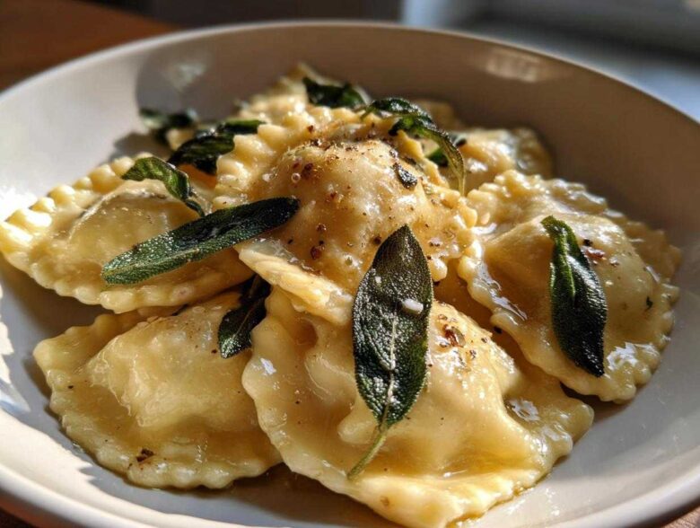 A close-up of glistening beef short rib ravioli served in a white bowl, topped with crispy sage leaves and brown butter sauce.