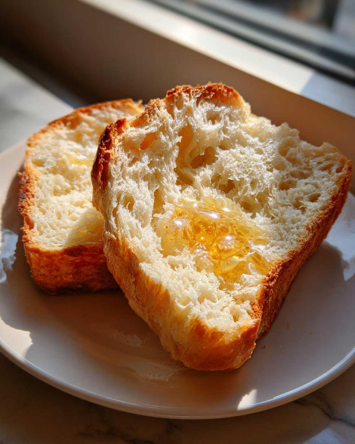 Two slices of fluffy beer bread drizzled with golden honey, sitting on a white plate in bright sunlight.