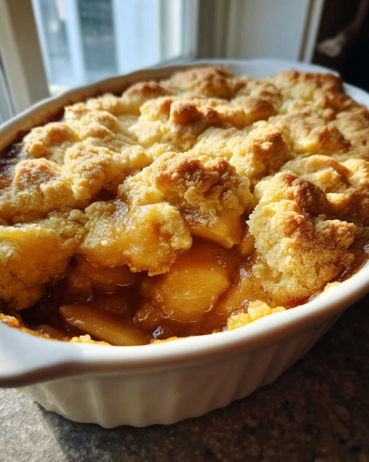 Close-up of the best apple cobbler with a crumbly, golden topping bubbling over warm, spiced apple filling.