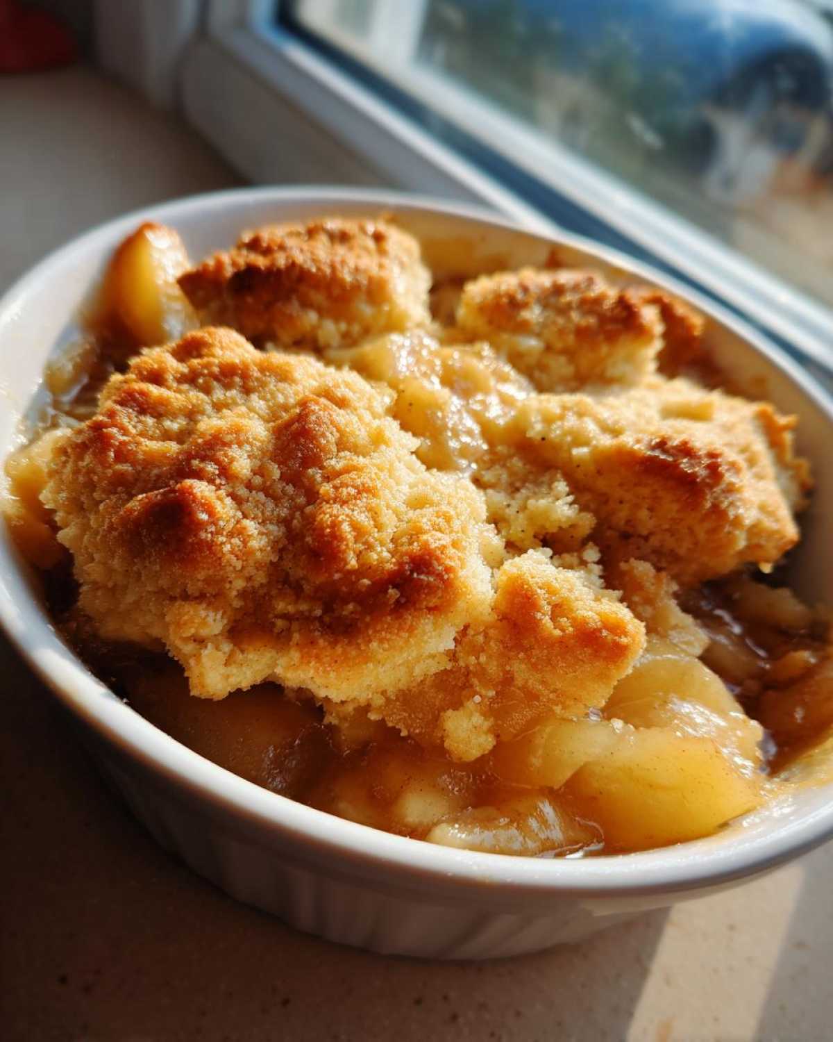 Close-up of a warm serving of the best apple cobbler with a golden, crumbly topping in a white ramekin.
