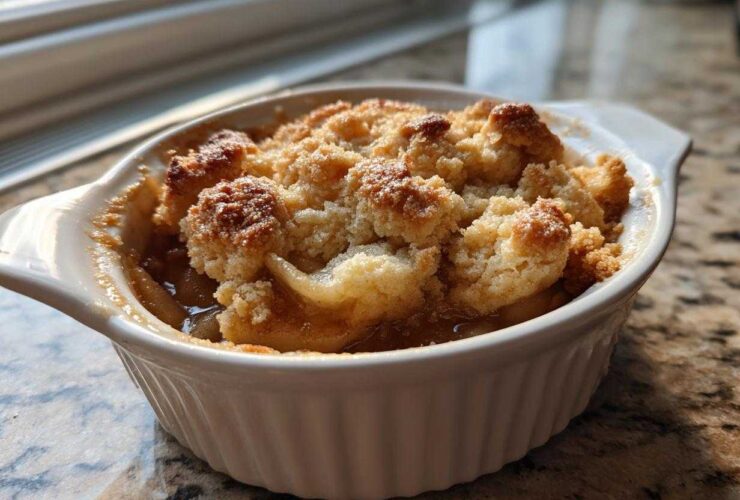 Close-up of a single serving of the best apple cobbler in a white ramekin, featuring golden, crumbly topping.