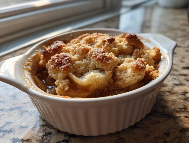 Close-up of a single serving of the best apple cobbler in a white ramekin, featuring golden, crumbly topping.