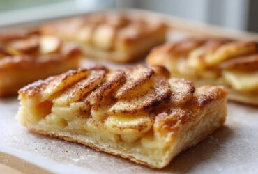 Close-up of a single serving of the best apple puff pastry, topped with sliced apples and cinnamon.
