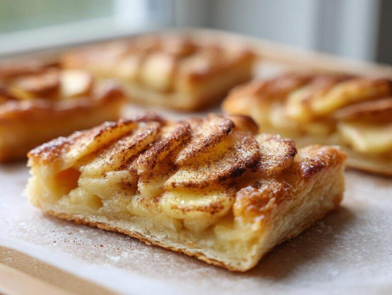 Close-up of a single serving of the best apple puff pastry, topped with sliced apples and cinnamon.