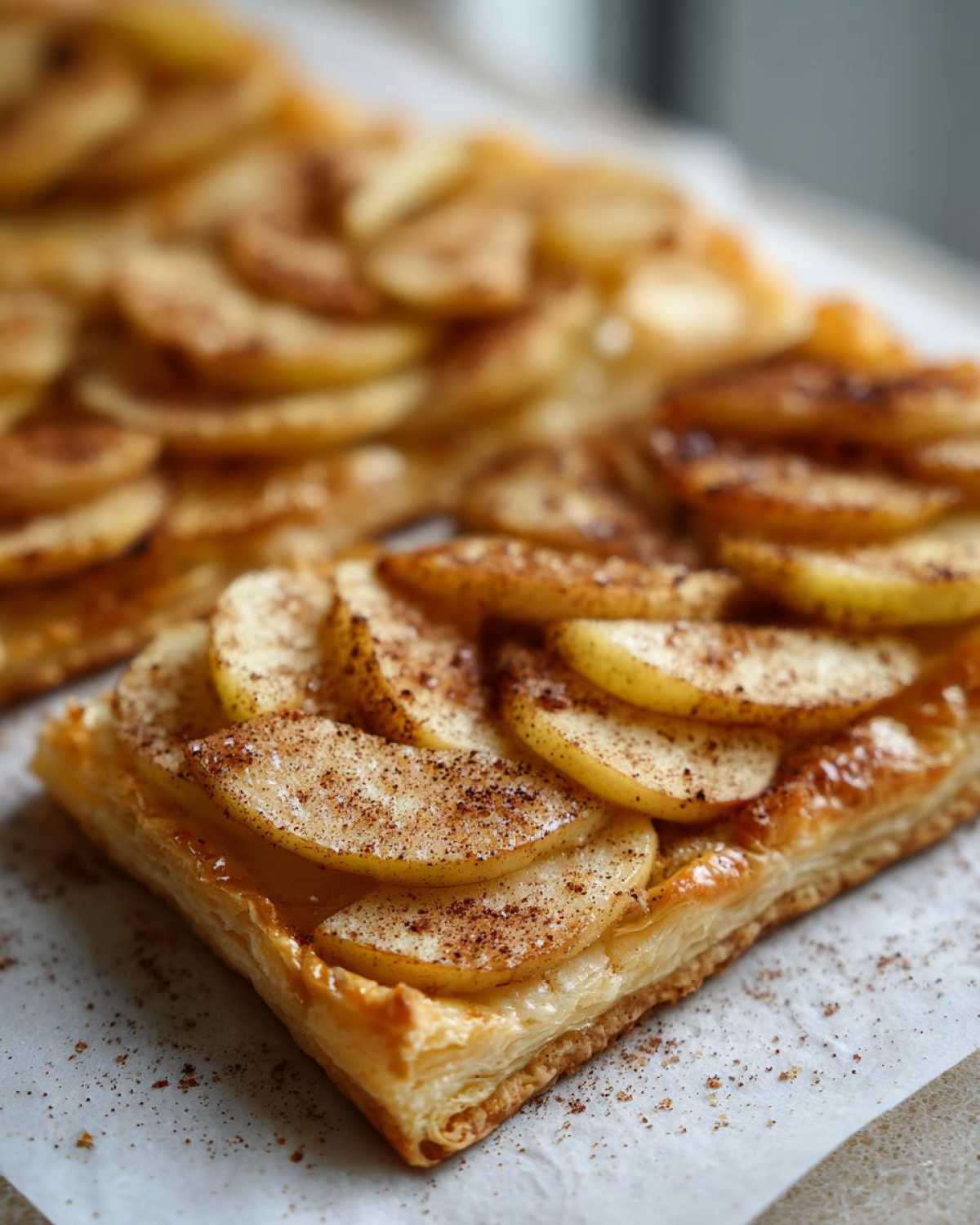 Close-up of a square slice of best apple puff pastry, topped with thinly sliced, baked apples and sprinkled with cinnamon.
