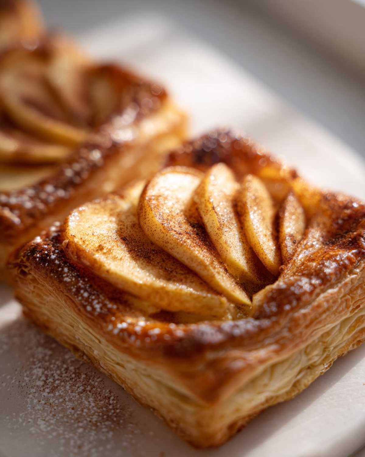 Close-up of a golden-brown square of best apple puff pastry topped with sliced apples and cinnamon.
