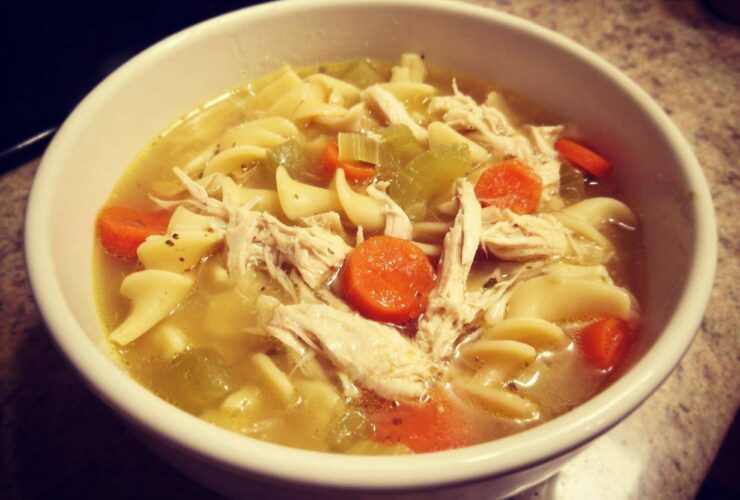 Close-up of a white bowl filled with steaming chicken noodle soup, featuring shredded chicken, egg noodles, carrots, and celery.
