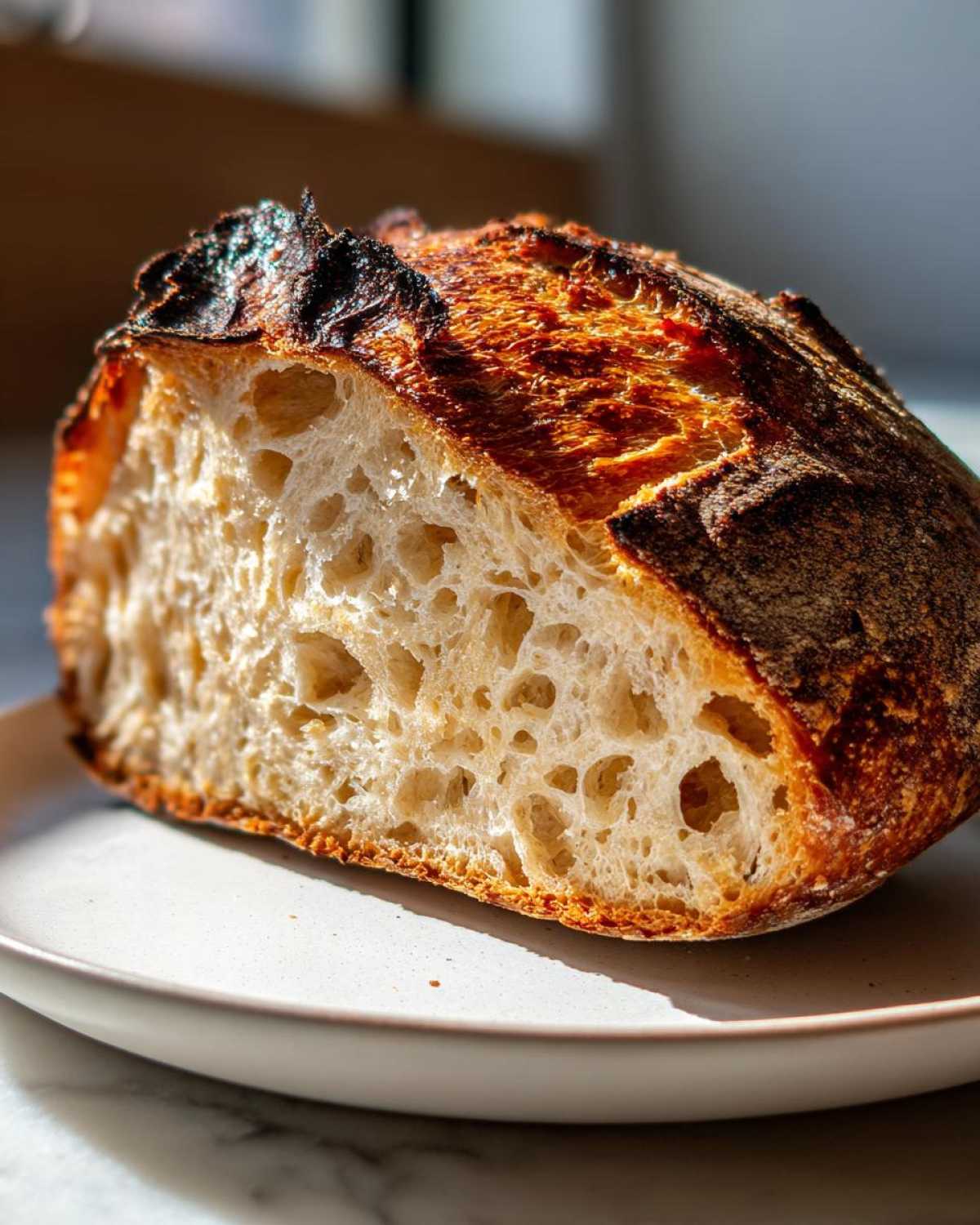 Cross-section view showing the open, airy crumb structure of the best no-knead sourdough bread.