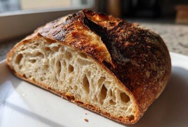 Close-up of the open, airy crumb structure of the best no-knead sourdough bread, featuring a dark, blistered crust.