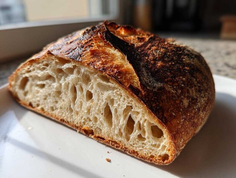 Close-up of the open, airy crumb structure of the best no-knead sourdough bread, featuring a dark, blistered crust.