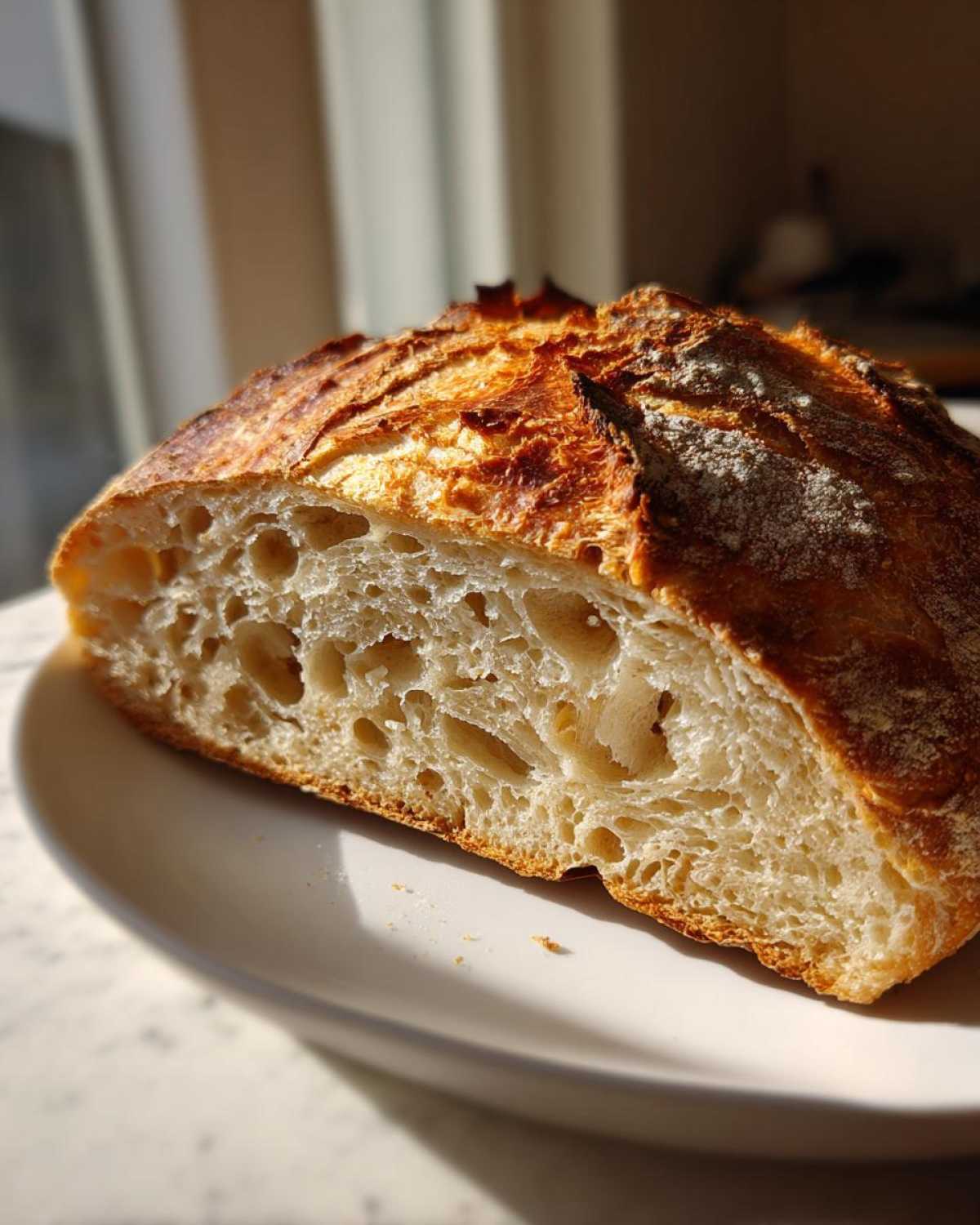 A close-up of the airy, open crumb structure of the best no-knead sourdough bread, showing a golden, blistered crust.