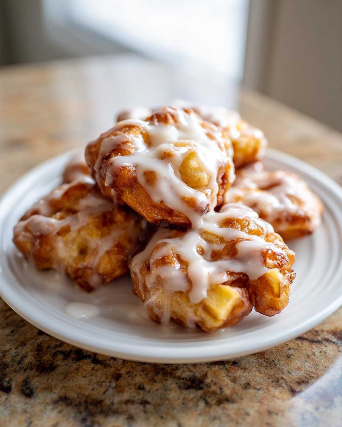 A stack of golden brown baked apple fritters generously drizzled with white vanilla glaze, ready to eat.