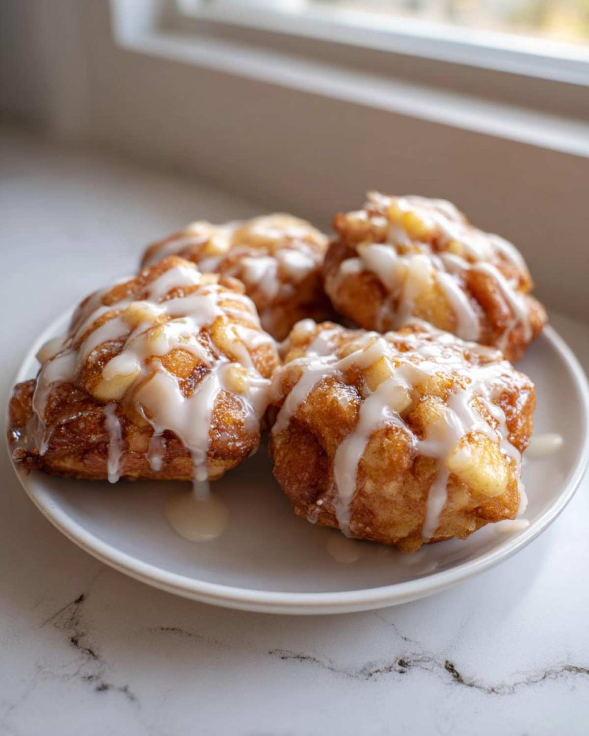 Four golden baked apple fritters generously drizzled with white vanilla glaze, served on a light plate.