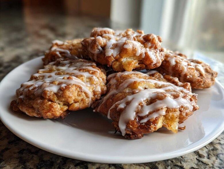 A close-up of several golden brown baked apple fritters drizzled with white vanilla glaze, ready to eat.