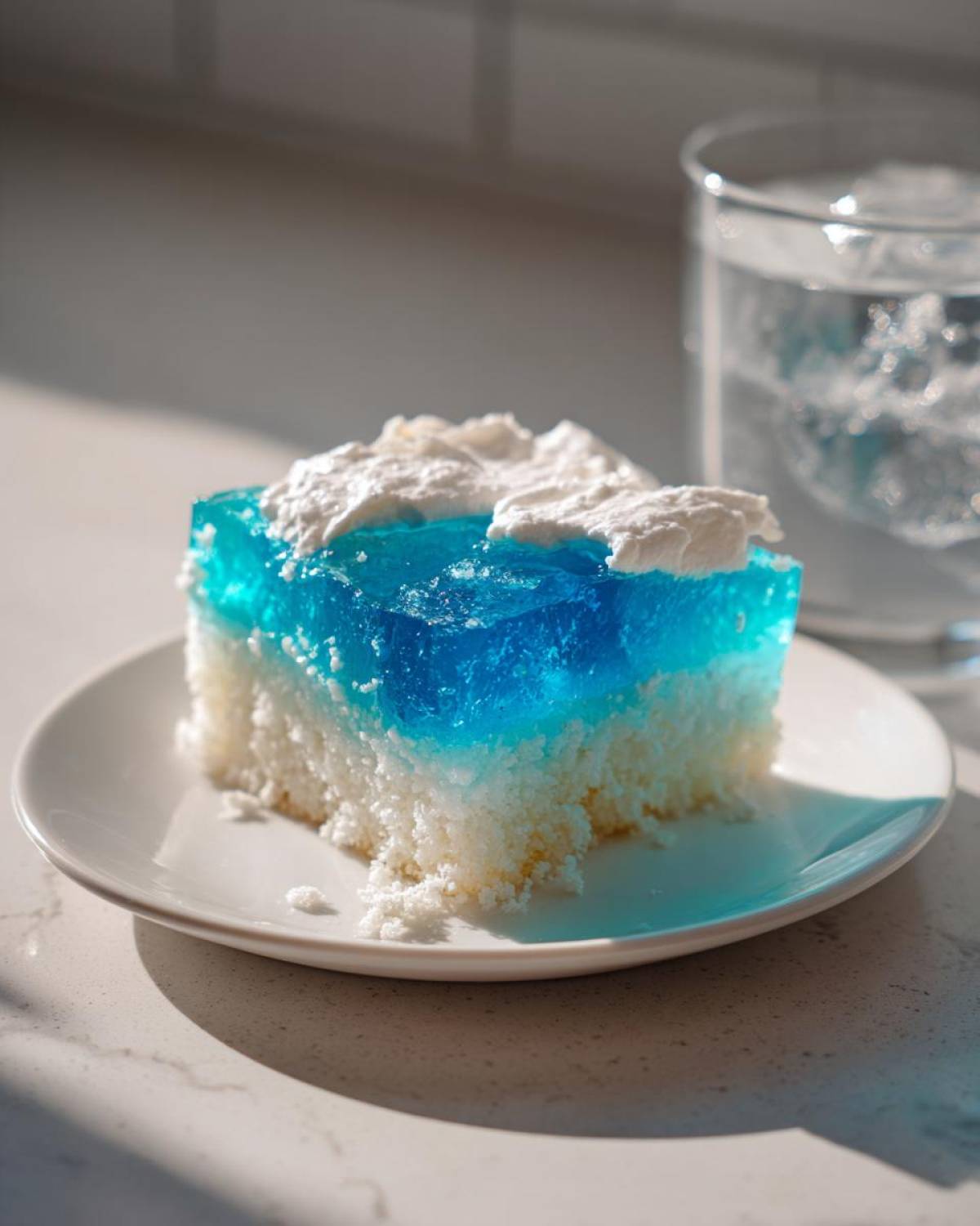 A square slice of white cake soaked with bright blue jello, topped with whipped cream, representing a jello poke cake.