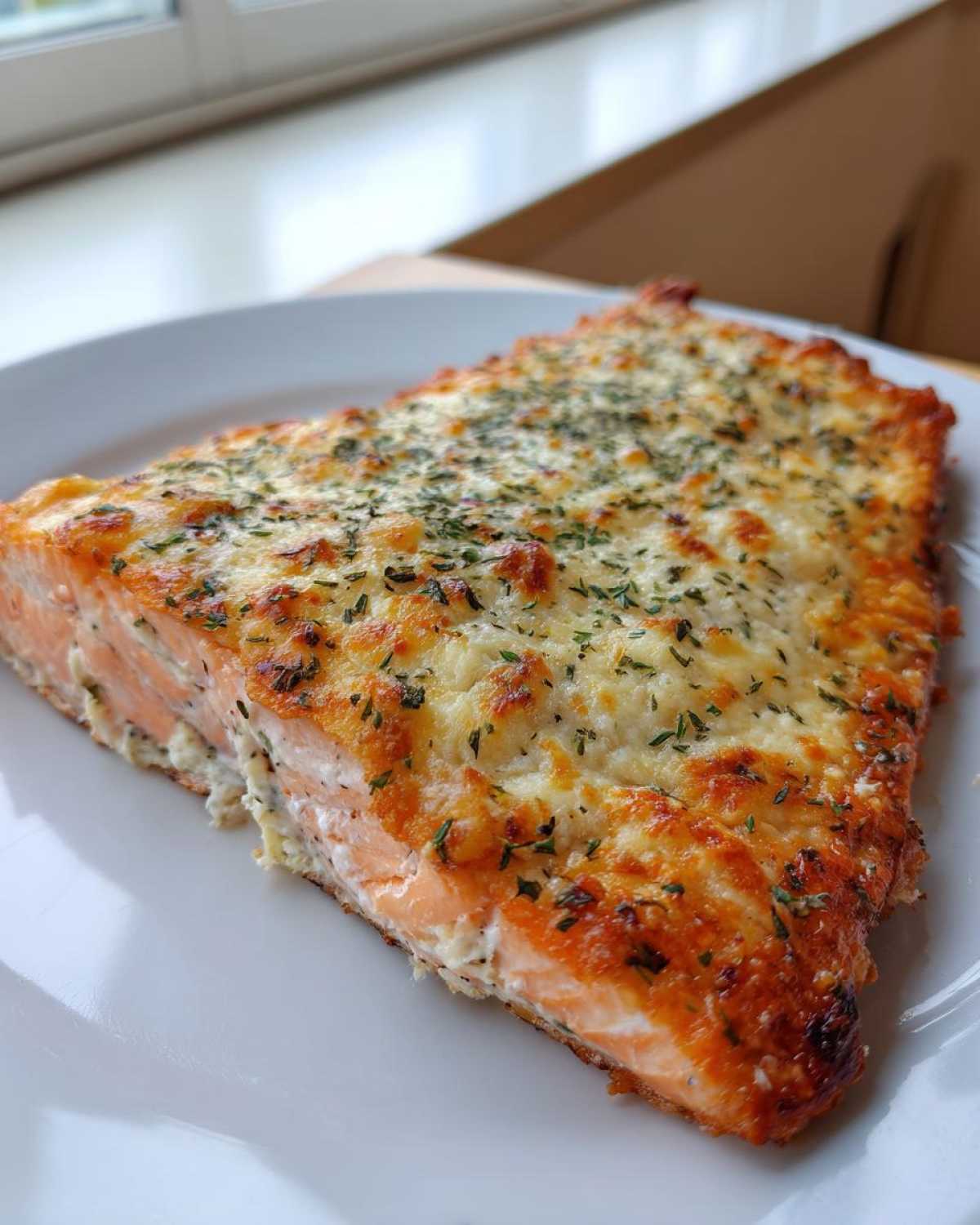 Close-up of a perfectly cooked Boursin Salmon fillet topped with melted, browned cheese and dried herbs on a white plate.