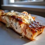 Close-up of a flaky, baked Boursin Salmon fillet with a melted, herbed cheese topping, glistening under sunlight.