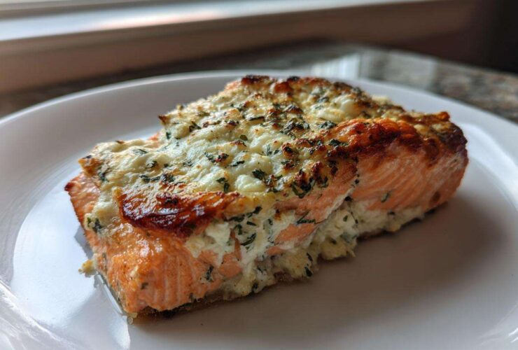 A close-up of a baked Boursin Salmon fillet with a golden, herbed cheese crust on a white plate.