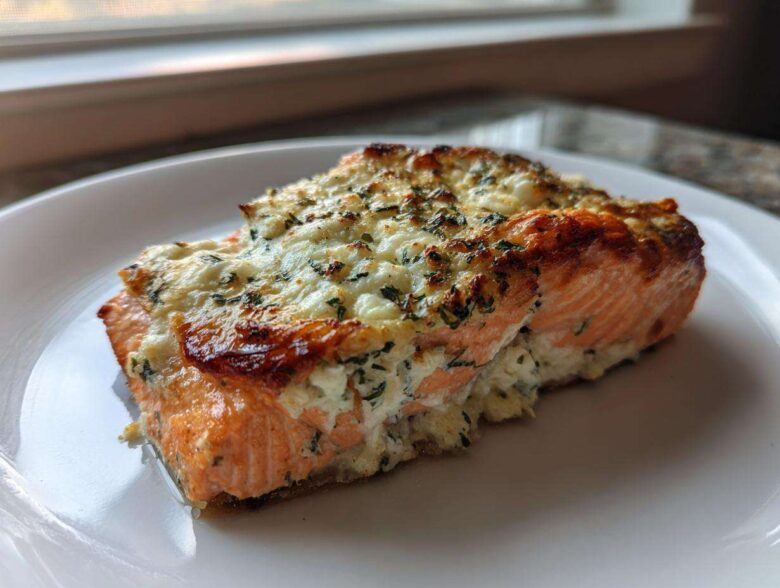 A close-up of a baked Boursin Salmon fillet with a golden, herbed cheese crust on a white plate.