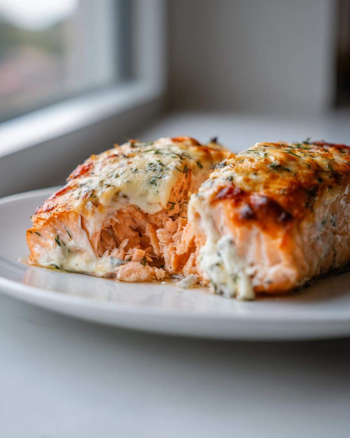 Close-up of a flaky, baked Boursin Salmon fillet cut in half, showing the creamy filling and melted cheese topping.