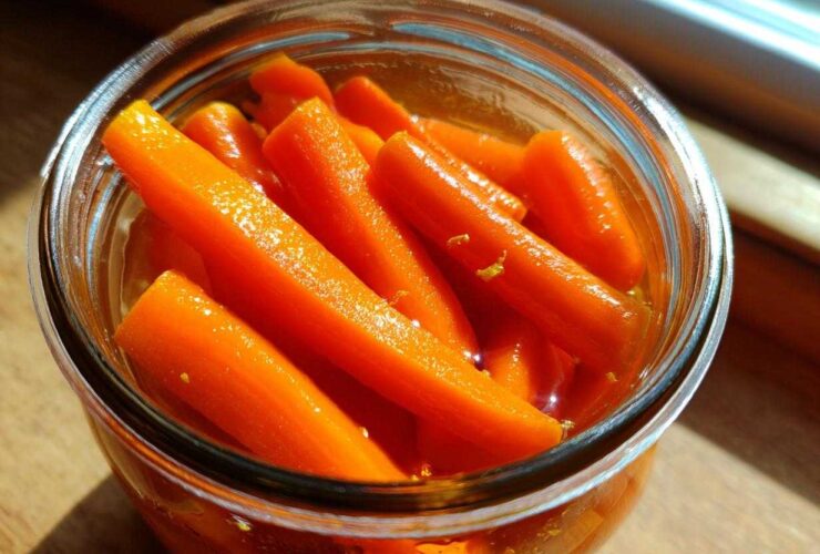 Close-up overhead shot of bright orange pickled carrots packed tightly in a clear glass jar, glistening in the light.