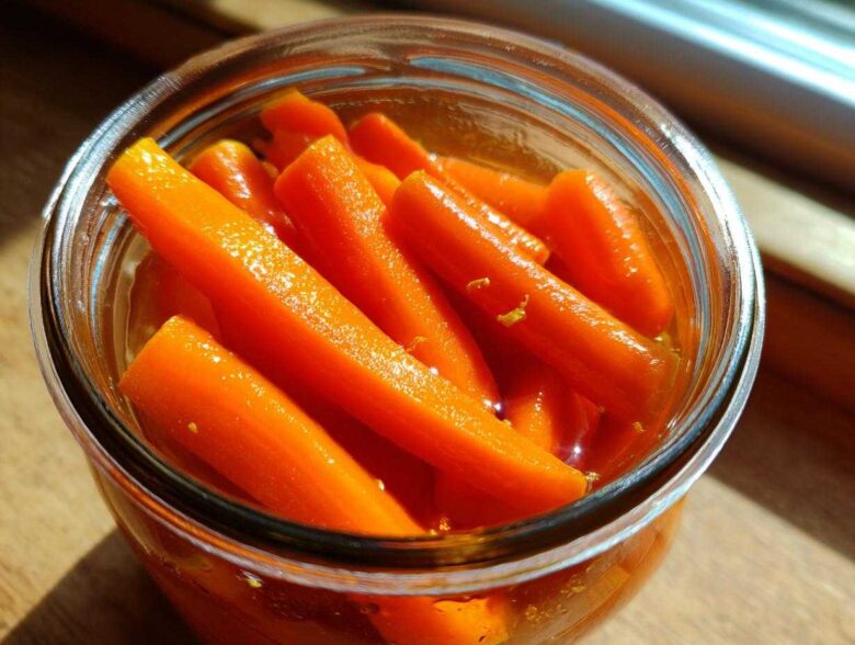 Close-up overhead shot of bright orange pickled carrots packed tightly in a clear glass jar, glistening in the light.